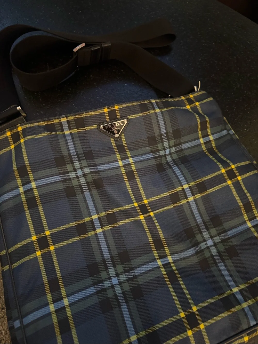 Prada Navy, Light Blue & Yellow Plaid Messenger Bag